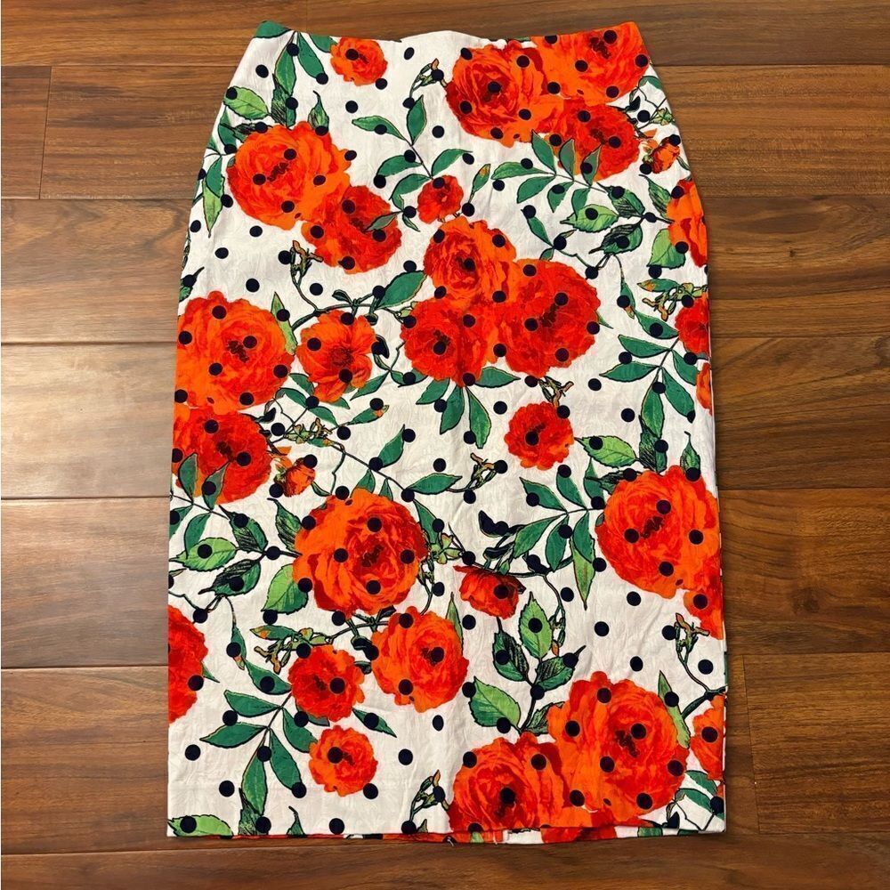 NY&Company 7th Avenue white polka dot orange floral midi pencil skirt NWT